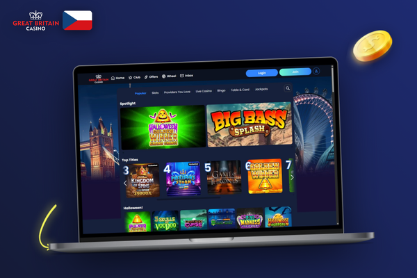 GB Casino na počítači zobrazuje hlavní menu s dlaždicemi slotů a živého kasina